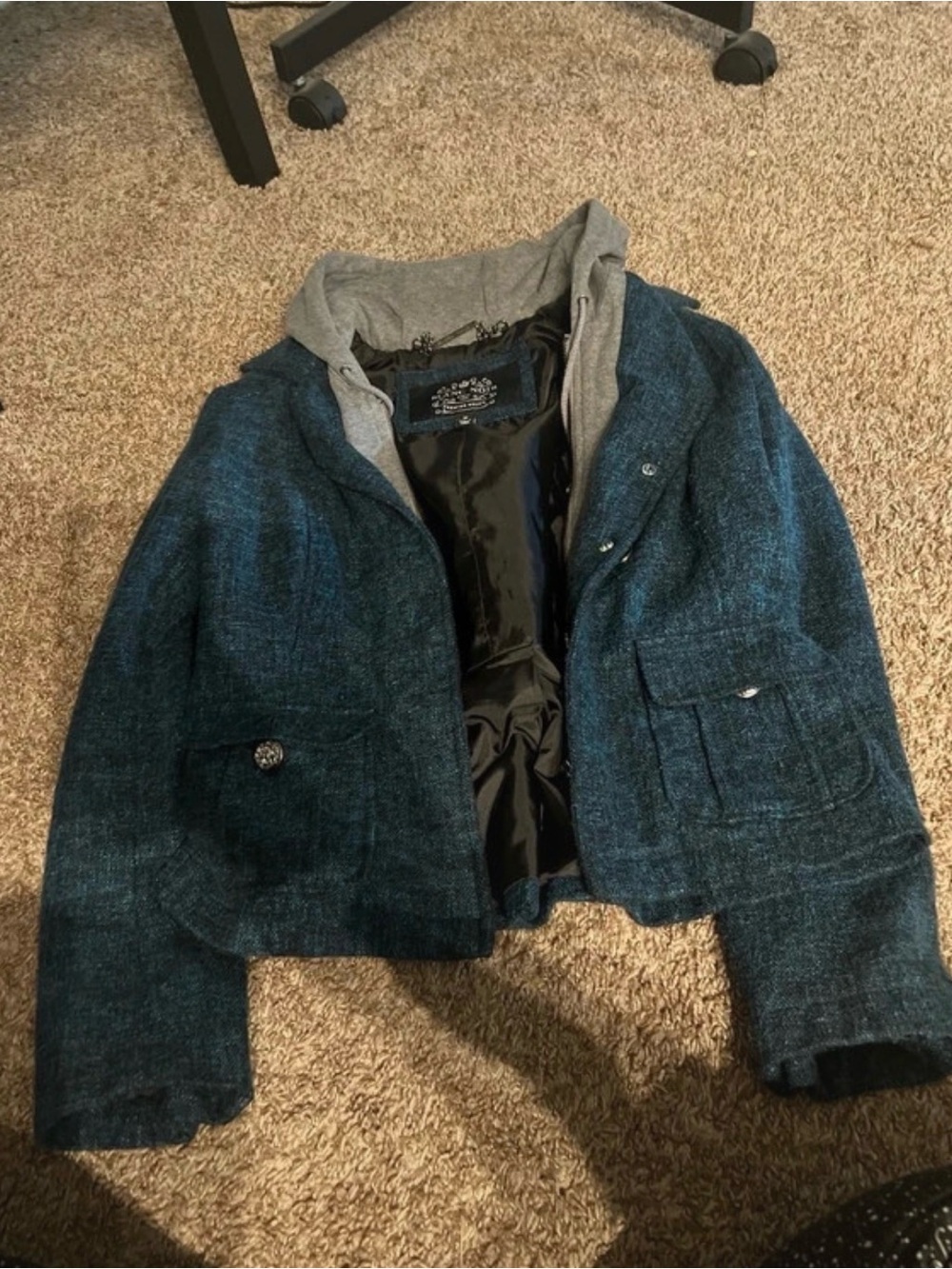 Blue Hooded Jacket with Button Pockets - Brand blanc noir